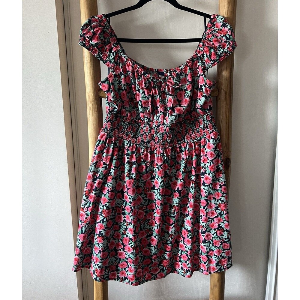 Old Navy Womens Black/Pink/Green Floral Smocked Square Neck Puff Mini Dress L
